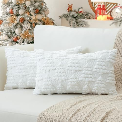 Sungeek 2er Set Weihnachten Kissenbezüge, Sanft Plüsch Kurze Wolle Samt Kissenbezug Dekorative Weihnachtsbäume Zierkissenbezüge Deko Kissenhülle für Sofa Wohnzimmer Schlafzimmer (30x50 cm, Weiß)