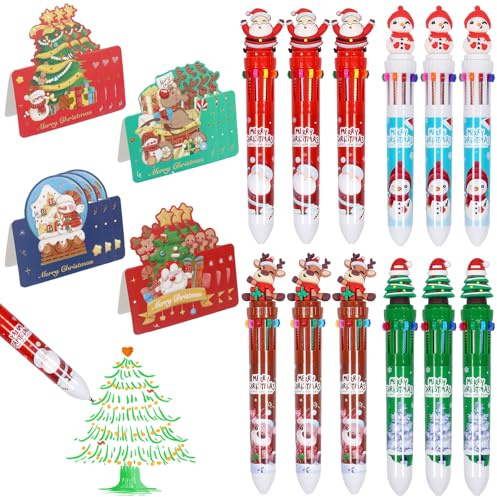 Hendpock 12 Pezzi Penne a Sfera di Natale 10 in 1, Con 12 biglietti di Natale, Penna Navetta Retrattile Multicolore, Penne in gel di Natalizie a Sfera Colorate Gadget, Favore per Feste di Natale