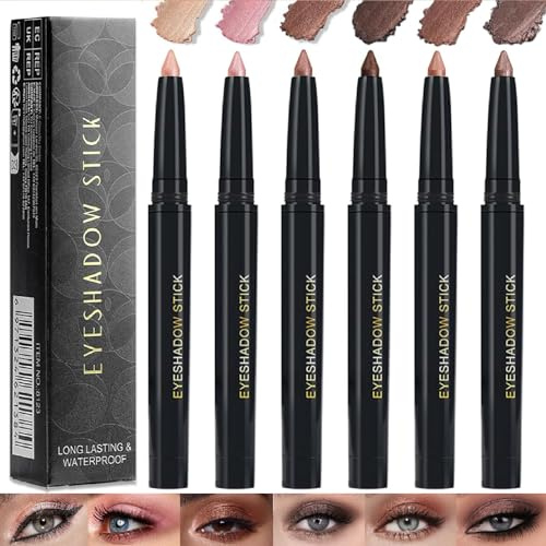 Cream Eyeshadow Stick Set, 6 Shimmer Neutral Pink And Brown Shades | Black Twist Barrels With Caps, Pointed Crayon Tips For Targeted Application, Daily Wear And Defined Evening Eye Looks