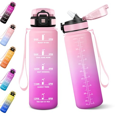 Baramumu Borraccia, 1000ML Senza BPA, Con Paglia, Borraccia Acqua, Bottiglia d'acqua Motivazionale con Indicatore del Tempo, Bottiglia con Cannuccia per Palestra - Rosa chiaro&Rosato