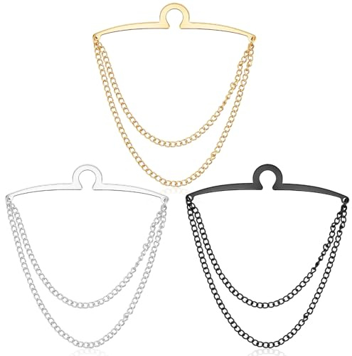 3 Pack Tie Chain for Men, Double Necktie Chains with Ring Clasps, Elegant Metal Tie Clips, Suit Accessories Men Business Jewelry for Suits, Business Wedding Accessories (Gold, Silver, Black)