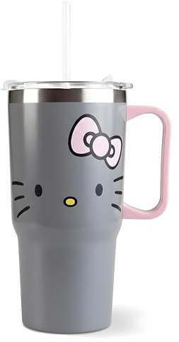 Hello Kitty - Vaso con tapa y pajita para niños, 540 ml, con asa, color gris, apto para bebidas frías