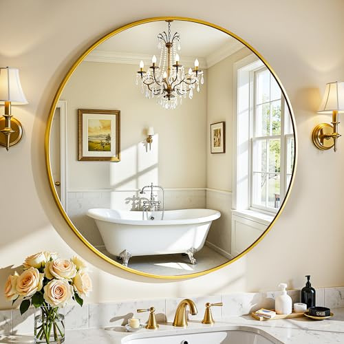 Antok Spiegel Rund, 51cm Gold Dekorative Wandspiegel für Bad, Eitelkeit, Wohnzimmer, Eingangsbereich, Runder Spiegel Hängend oder Lehnend, Aluminium Rahmen