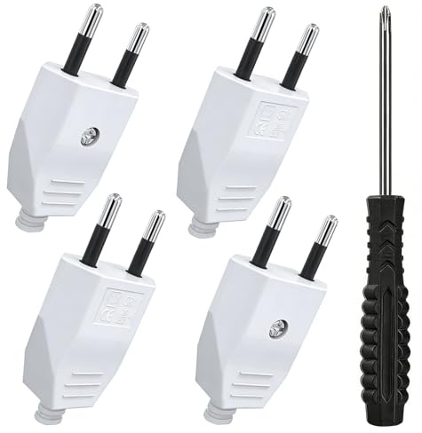 Eurostecker 4 Stück, Eurostecker Flach Weiß 2 Polig Flachstecker 250V 2.5A Schuko Stecker Euro Stromstecker Flacher Schukostecker Europäische Netzstecker mit Schraubendreher zum Einbau oder Austausch