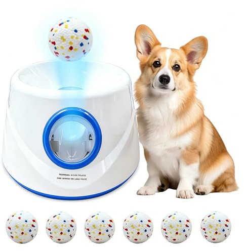 Lanzador automático de pelotas para perros con 6 pelotas de tenis ETPU, lanzador de pelotas de perro para perros pequeños y medianos, 3 distancias ajustables de 19 a 45 pies, máquina interactiva de