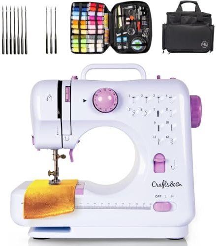 Crafts&Co® Nähmaschine, Tasche, Nähset & Nadelset Combideal Komplett | Mini-Nähmaschine für Anfänger mit 12 Stichen | Nähmaschinentasche mit Staufächern | Weiß-Lila