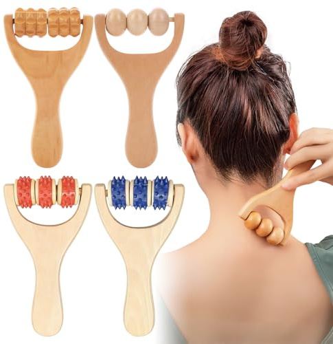 4 Stück Massageroller Holz, Faszienrolle mit Griff, Faszienrolle Holz, Massageroller Beine, Geeignet zur Entspannung von Rücken, Nacken, Beinen, Händen und Gesicht
