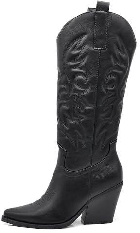 IF Fashion Stivali Texani Donna Stile Western Cowboy Alti al ginocchio Stivaletti Camperos J27 nero N.37