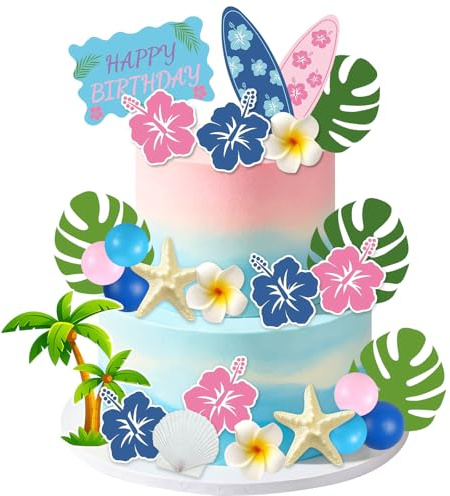 Hawaiian Kuchen Dekoration, 28 Stück Sommer Cake Topper, Tropische Tortendekorationen, Blumen Kuchendekoration, Somme Surfbrett, Kuchendekoration, für Geburtstag, Hawaiian Beach, Sommer Party Deko