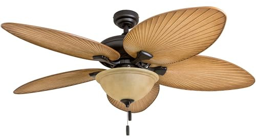 Honeywell Ceiling Fans Palm Valley, 52 Inch Tropical Indoor Outdoor Ceiling Fan with Light, Pull Chain, Three Mounting Options, 5 Palm Leaf Blades, Reversible Motor - 50507-01 (Bronze)