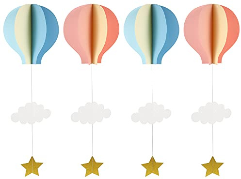 YeahiBaby Papier Girlande 3D Heißluftballon Form mit Wolken Stern Baby Mobile Decke Fenster Wand Hängende Deko 4 Stück