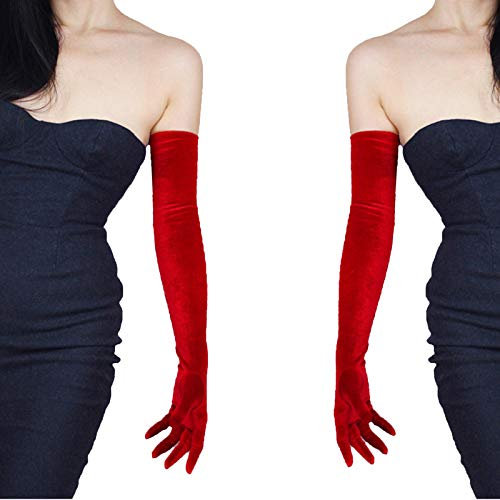 DooWay Long Velvet Gloves Women Touchscreen 24-inch Stretchy Special Occasion 1920s Costume Evening Opera Gloves, Red, 60 cm