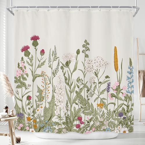 Riyidecor Wildflower botanischer Duschvorhang für Badezimmer, Dekoration, 183x183 cm, Florale Blumenpflanze, Kräuter, Salbeigrüne Blätter, dekoratives Bad-Set, wasserdicht, 12 Stück Haken