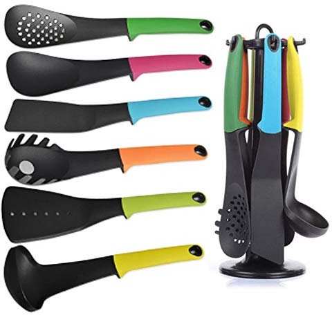 Cucina da cucina con utensili Ohanian Multi colore Set di 6 strumenti di alta qualità su supporto rotante Include cucchiaio mestolo Skimmer Cucchiaio scanalato Turner Forchetta per spaghetti