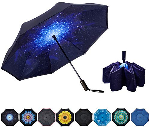 NOORNY Inverted Umbrella Double Layer Automatic Folding Reserve Umbrella Windproof UV Protection for Rain Car Travel Outdoor Men Women Starry Sky