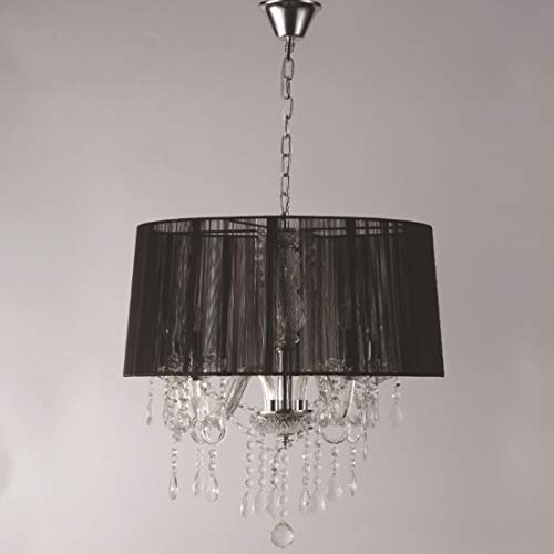 Elegante Hängelampe Kronleuchter Textil Tuch Kristall Wohnzimmer Lampe, E14 LED Pendelleuchte für Modern Schlafzimmer Esszimmer Kristalllampe mit Stoff Rund Schirm, Höhenverstellbar, D55cm (Schwarz)