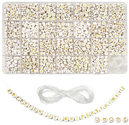TOAOB 1440 Stück 4x7mm Weiß Buchstabenperlen Golden Wort A bis Z und Liebe Herz Rund Acryl Spacer Perlen und 15 Meter Elastische Linie für Schmuckherstellung