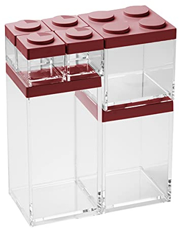OMADA Set 7 Contenitori per Alimenti con Coperchio Impilabile Mattoncino | Set Completo di 3 Contenitori Trasparenti Impilabili e 4 Porta Spezie, Collezione Brickstore