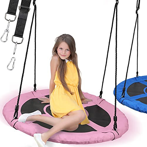 Physionics® Nestschaukel - Outdoor/Indoor, bis 300kg belastbar, Ø 100cm, für Kinder/Erwachsene, Oxford Gewebe - Rundschaukel, Tellerschaukel, Gartenschaukel, Hängeschaukel, Mehrkindschaukel (Pink)