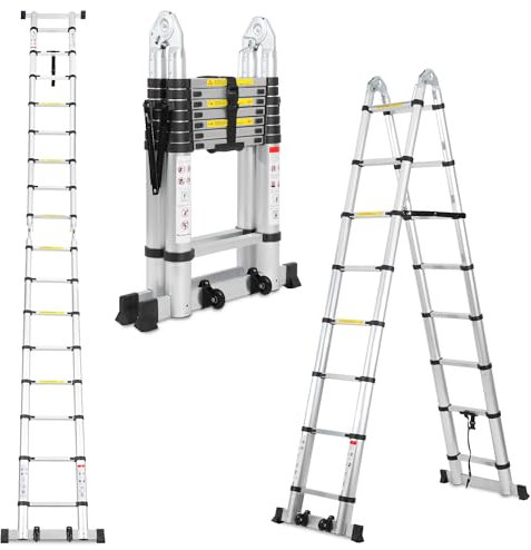 Lospitch 5 m (2,5 + 2,5) M, scala telescopica pieghevole in alluminio con stabilizzatore, scala pieghevole di alta qualità e scala pieghevole in alluminio, portata 150 kg