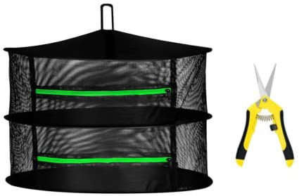 iPower 2ft 2-Layer Foldable Herb Mesh Rack Hanging Drying Net with Zippers, Free Storage Bag and Hook for Hydroponic Plant, 6.5 Garden Hand Pruner, Straight Stainless Steel Blades