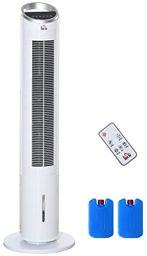 HOMCOM Luftkylare med vattenkylning fjärrkontroll tornfläkt, golvfläkt med luftfuktning, luftkonditionering, 8 h timer, användbart utrymme 20 ㎡ 60 W, ABS vit Ø 30 x 100,8 H cm