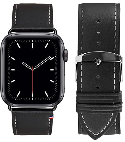 Eternel - Simple tour Bracelet iconique - Compatible toutes Apple Watch - 45/46mm - Fait main en France - Tannage végétal - Noir - Adaptateurs aluminium noir