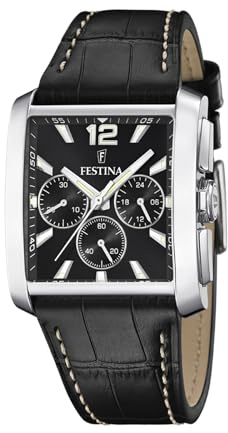 Festina Reloj Hombre Analógico de Cuero Negro - Movimiento de Cuarzo - Cronógrafo - Cristal Mineral de Alta Resistencia - Resistente al Agua 5 ATM Elegante F20636/4 On The Square
