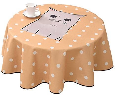 EHOMERY Tischdecke Abwaschbar Maritim Wachstuch Unterlage Punkte Und Süße Katze Grosse Tischdecken Tischwäsche Outdoor Helles Orangegrau Tischschutz Dekoration Round-110Cm