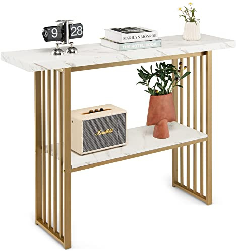 GOPLUS Table Console à 2 Niveaux avec Cadre Métallique et Plateau à Motifs de Marbre, Table d'Entrée Moderne Multi-rangements avec Dispositif Anti-Chute,Capacité de Charge 50KG