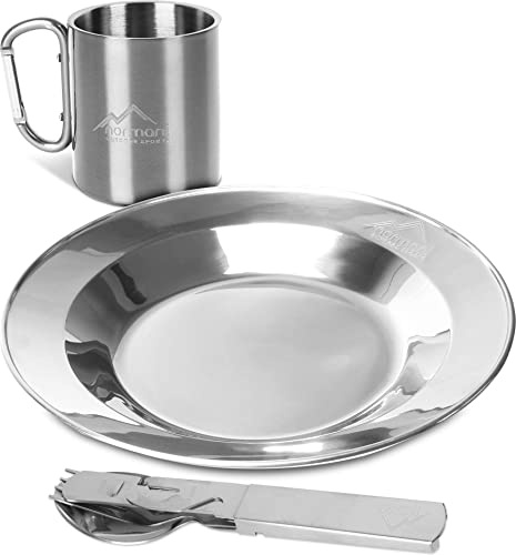Outdoor Camping Geschirrset bestehend aus Besteck + Teller + Tasse mit Karabinerhaken + Dosen- und Flaschenöffner - 100% rostfreier Edelstahl Silver ONESIZE