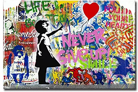 Banksy Ballon Mädchen Leinwand Gemälde Graffiti Street Pop Artwork Never Give Up Wall Art Poster Bilder für moderne Wohnkultur 35x52cm Innenrahmen