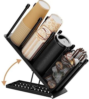 Toothbace Becher- und Deckelhalter, Einweg-Kaffeetassen-Organizer, 4 Fächer, Einwegbecher-Spender für Kaffeestation, Bar, Arbeitsplatte, Pausenraum, Metall, schwarz (Schwarz)