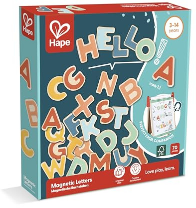 Hape Magnetische Buchstaben – 70 Bunte Magnetbuchstaben aus Holz, Alphabet-Lernspielzeug für Schreibübungen und Sprachförderung, Fördert die Feinmotorik, ab 3 Jahren