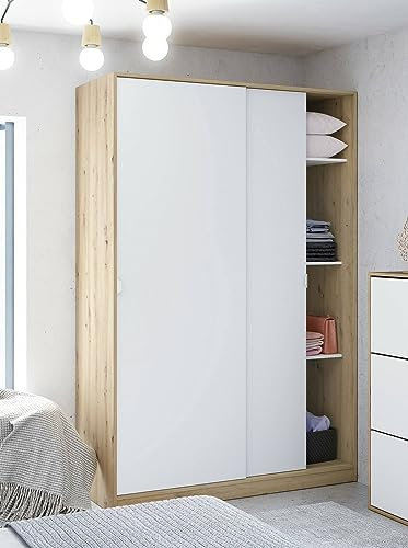 Dmora - Guardaroba 2 Ante Waterbury, Armadio per Camera da Letto, Mobile con 4 Ripiani e Barra Appendiabiti, 120x50h200 cm, Bianco e Rovere Nodi