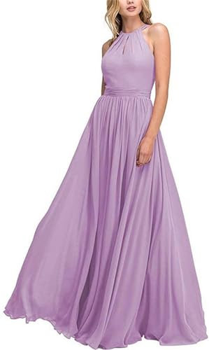 SAYNO Halter Vestidos de dama de honor para jóvenes, vestido largo plisado de gasa para invitados de boda, Lila, 38