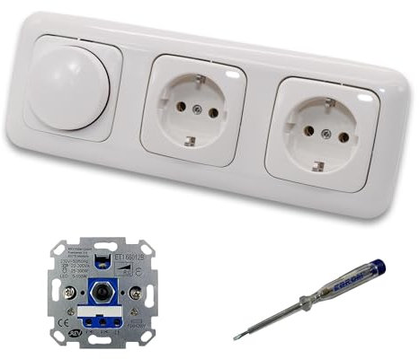 REV Ritter LED Drehdimmer Dimmer + Busch Jäger Dimmerscheibe 2115-214 und 2 x Steckdose 20EUC-214 in Reflex Si alpinweiß glänzend inklusive EBROM Phasenprüfer zur Montage der Geräte ET1 66012B