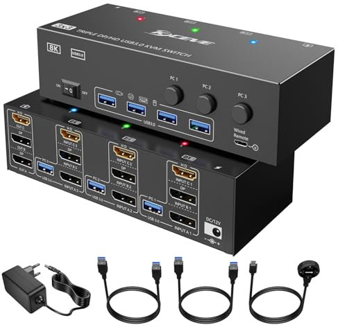 KVM Switch 3 Computer 3 Monitore, KCEVE HDMI + DisplayPort USB 3.0 KVM Umschalter, 8K@30Hz/4k@144Hz Dreifach Monitor KVM für 3 PCs, 3 Displays und 4 USB 3.0-Geräte