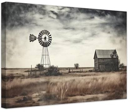 ZXHYWYM Bauernhaus Scheunen Wanddekoration Vintage Stil alte Scheune Windmühle Leinwand Bilder ländliche Landschaft Kunstdrucke für Schlafzimmer Wohnzimmer mit Rahmen (B (30.00 x 45.00 cms))