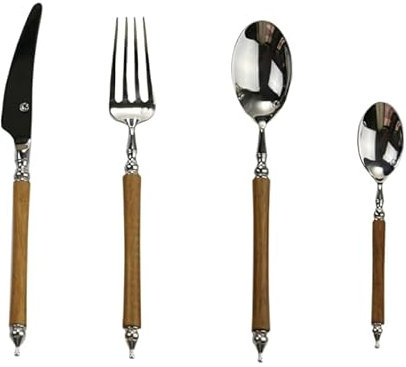 Set De Couvert 4 Pièces En Acier Inoxydable Couteau Fourchette Et Cuillère Couverts Fleur Jaune Bois Wengé Manche Couverts Ensemble Marron