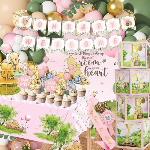 158pcs Pink Classic Winnie Baby Shower Decorations Kit, Vintage Winnie Party Supplies Decorations, Classic Pooh Backdrop Cake Topper, Winnie Baby Tablecloth Box Decorations for Girl Boy Baby Shower