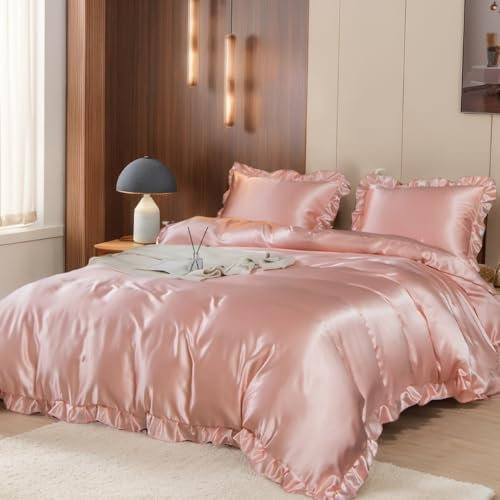 Nayoroom Bettwäsche 220x240 Rosa Seidentuch Bettwäsche-Sets Altrosa Luxus Mako Satin Rüschen Bettbezug 3teilig GlänzendAesthetic Seidenbettwäsche mit Reißverschluss und 2 Seidenkissenbezüge 80x80 cm