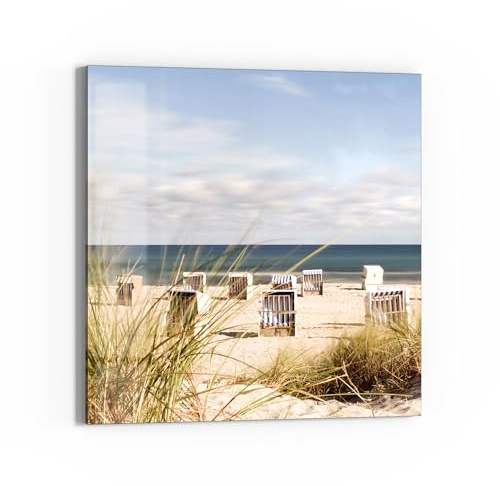 DEQORI Glasbild Echtglas | Motiv Strandkorbidylle | quadratisch einteilig 50x50 cm | schöne Dekoration | Wandbild für Wohnzimmer, Schlafzimmer, Flur & Küche | moderne Wanddeko
