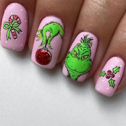 TELAIN Weihnachten Press on Nägel, Kurze Quadratische Künstliche Nägel, Rosa Nägel mit Cartoon Grünes Monster und Zuckerstangen Design, Winter Falsche Nägel für Frauen und Mädchen