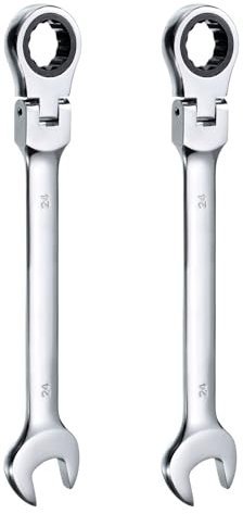 HARFINGTON 2 llaves de trinquete de cabeza flexible de 24 mm, cabeza giratoria de 180°, llaves combinadas de trinquete métricas, 72 dientes, acero al cromo vanadio, trinquete de extremo abierto para