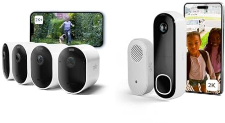 Arlo Pro 5 Telecamera WiFi Esterno Senza Fili, Visione Notturna Colori, Prova Inclusa Secure, 4 Telecamere, Bianche & Arlo Essential 2K Videocitofono + Campanello Chime, Citofono Smart, Sirena, Bianco