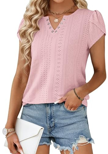 WNEEDU Camisetas Manga Corta de Pétalo Mujer Verano Elegantes Casual Blusas Cuello en V Top Camisa Rosa L