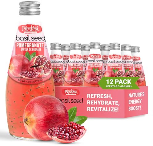 Pardesi Basil Seed Drink Pomegranate Flavor 290ml 9.8 Fl Oz | Pack of 12 (117.6 FL Oz ) | Naturally Refreshing & Cooling | Rich in Antioxidants, Fiber & Omega-3 | Real Basil Seeds for Digestive Health & Hydration.