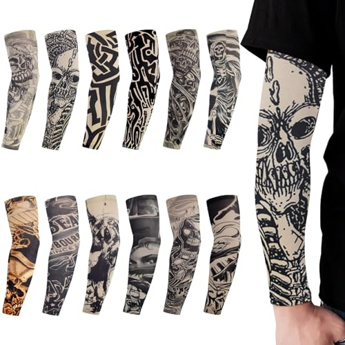 Scinzene Set di 12 maniche per tatuaggi finti, maniche in poliestere, moderne, unisex, per adulti, 1
