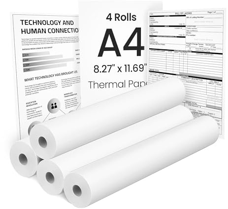 TATTMUSE Thermal Printer Paper Rolls A4, 210x297mm, 4 Rolls, 84 Sheets, 400g, White, Compatible with Phomemo M832/M834 & Other Thermal Roll Printer A4, No BPA, No BPS